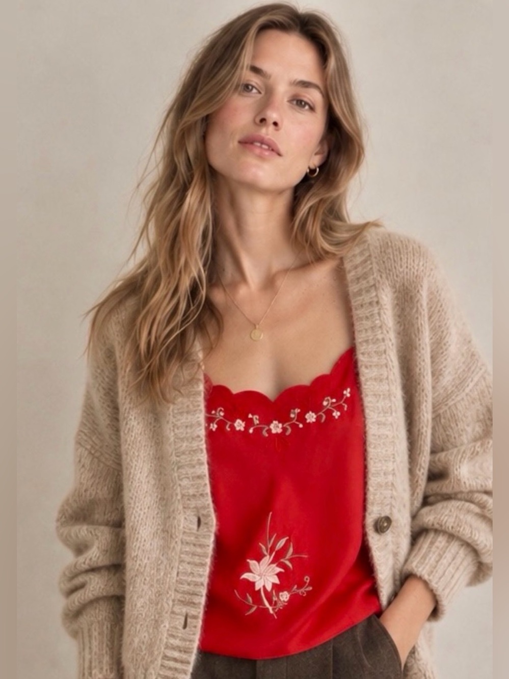 Vintage Embroidered Scallop Neck Red Camisole — Women's Slip Top